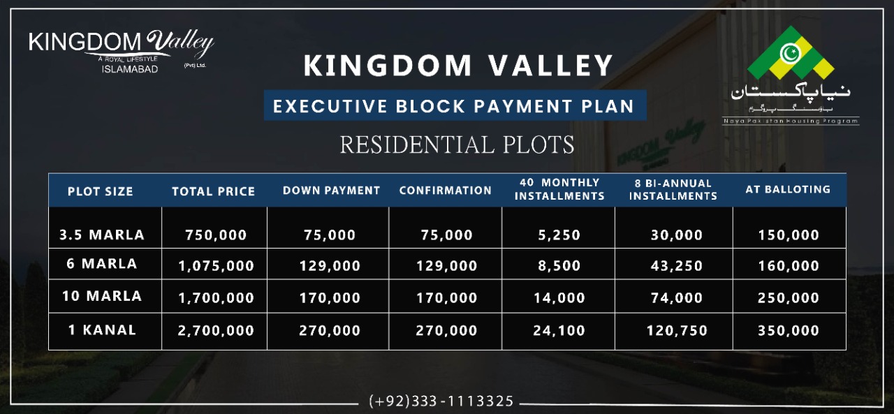 Kingdom Valley Islamabad Executive Block Residential Plots Payment Plan: