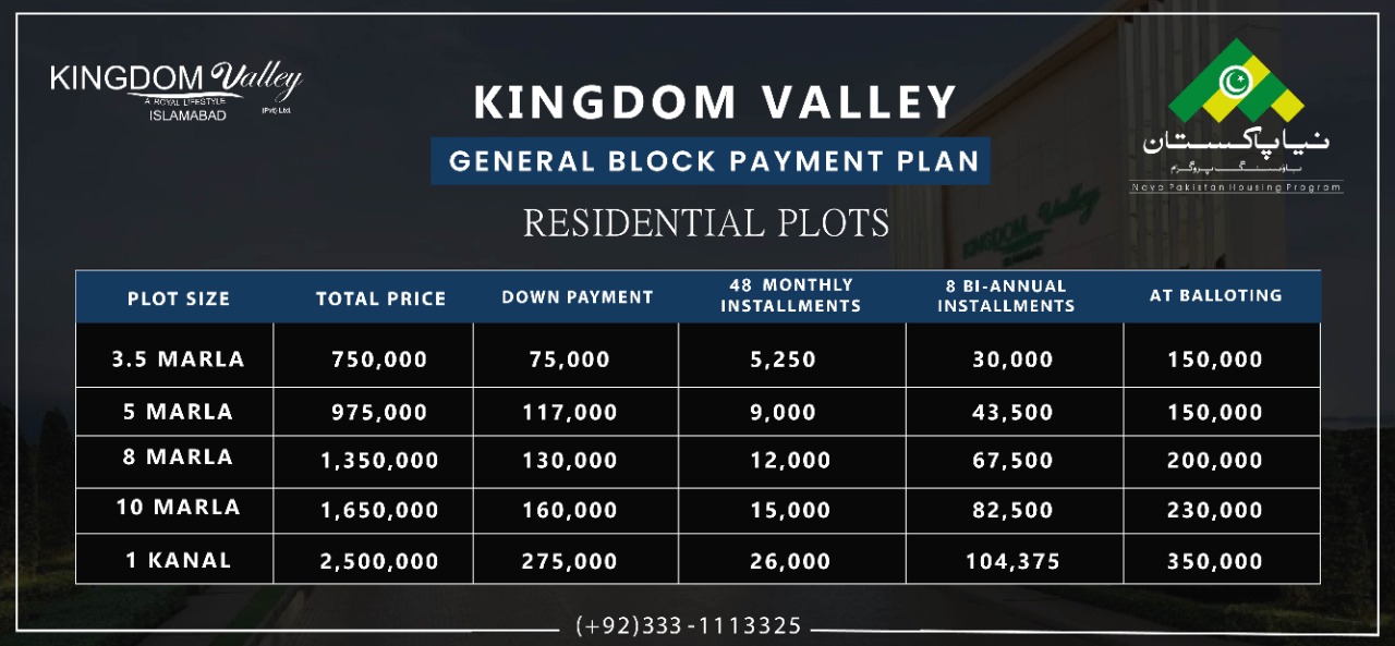 Kingdom Valley Islamabad General Block Residential Plots Payment Plan: