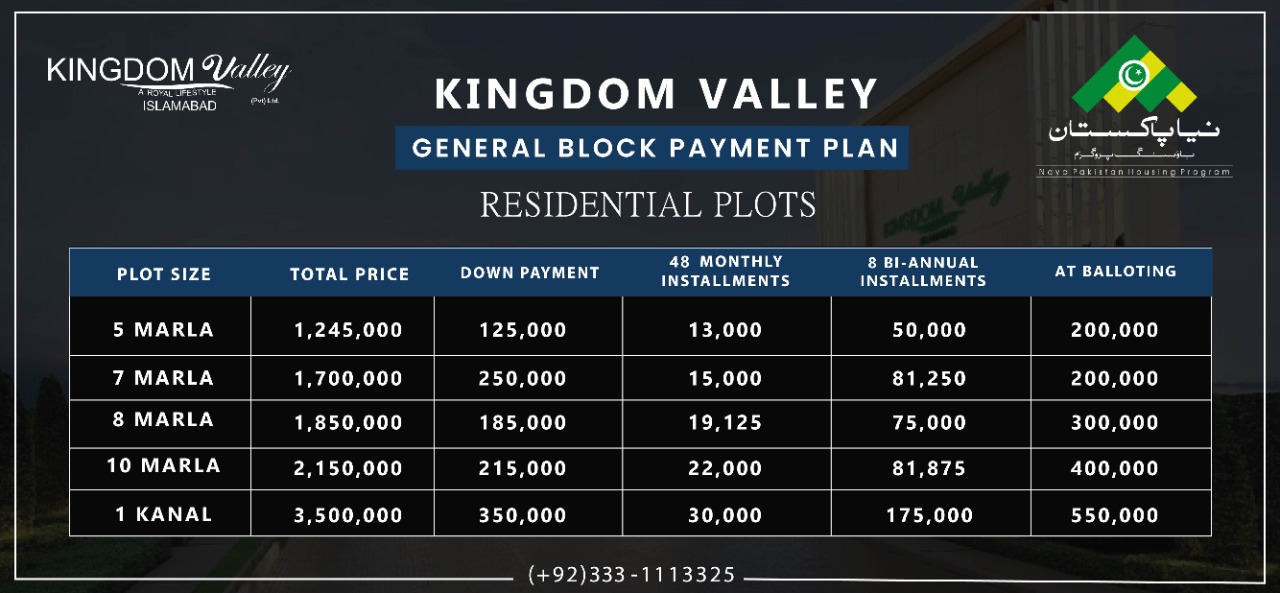Kingdom Valley Islamabad Residential Plots Detailed Payment Plan: