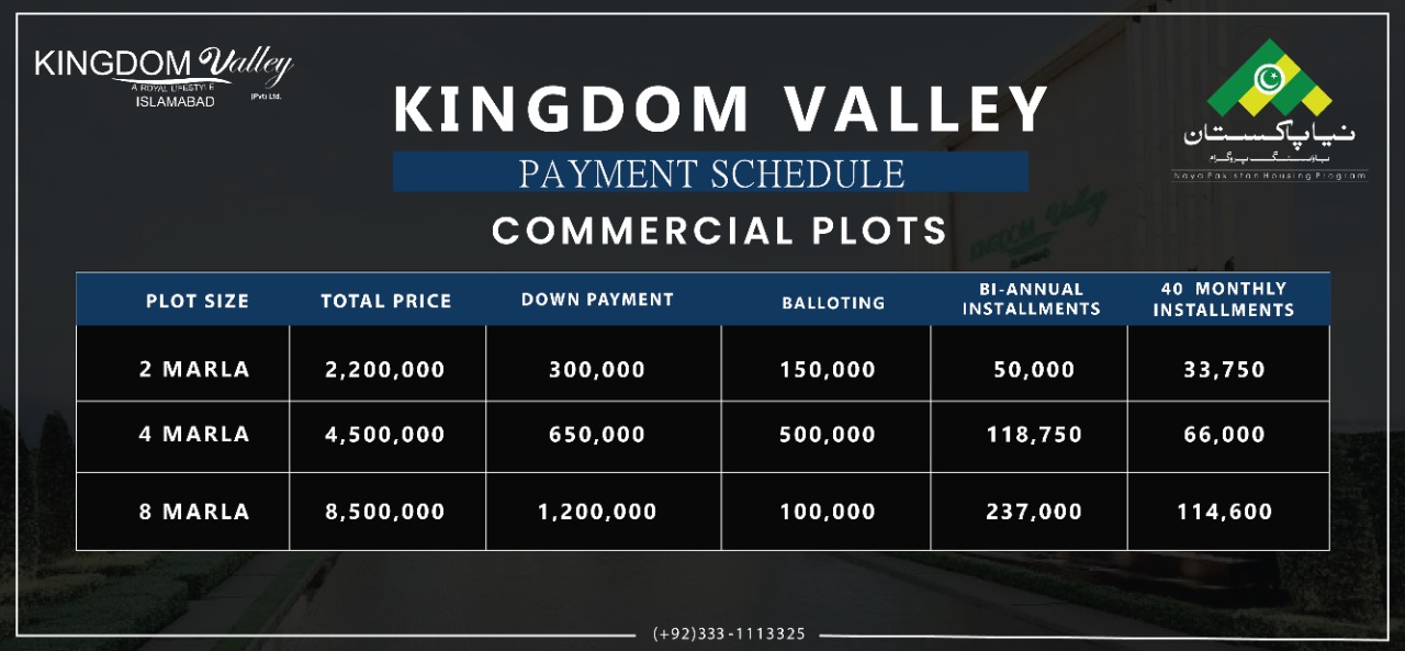 Kingdom Valley Islamabad Commercial Plots Payment Plan: