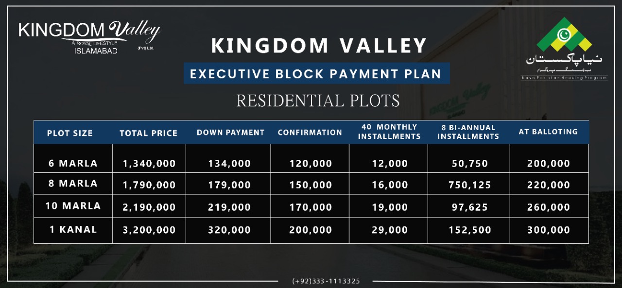 Kingdom Valley Islamabad Executive Block Residential Plots New Payment Plan: